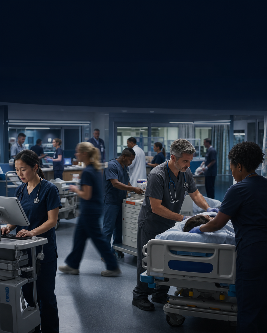 Emergency care team coordinating in a high-pressure emergency department