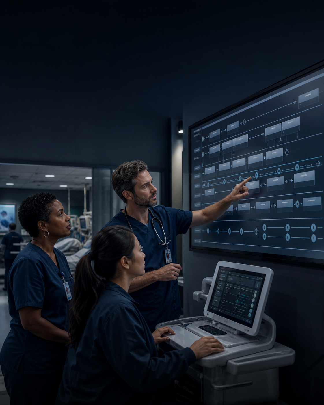 Clinical and technical team coordinating an emergency-care workflow